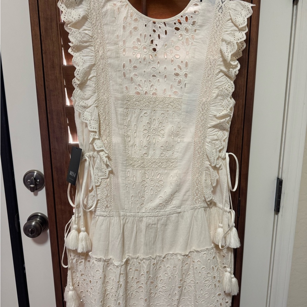 MISA White Eyelet Ruffle Dress